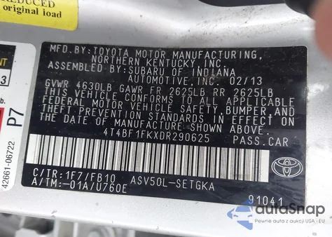 2013 Toyota Camry Xle from USA, damaged, VIN 4T4BF1FKXDR290625